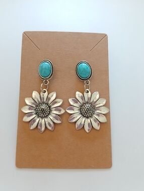 Fashion Jewelry Turquoise and Silver Sunflower Drop Earrings